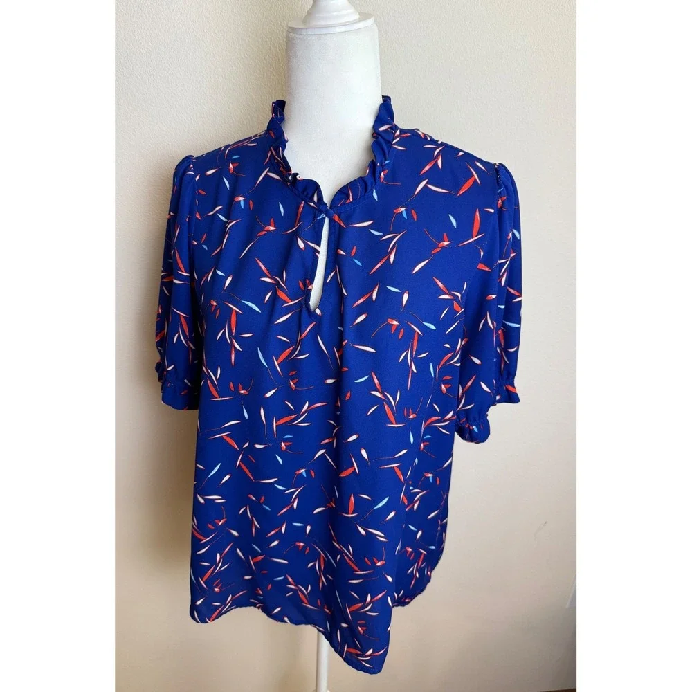 Banana Republic Blue Ruffle High Neck Puff Sleeve Abstract Leaf Print Blouse Top